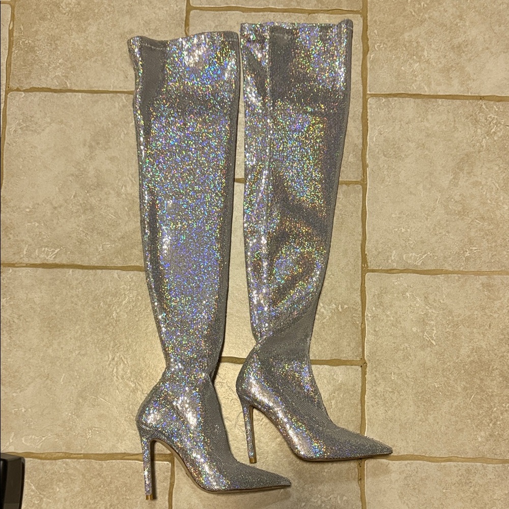 Stuart Weitzman Silver Sparkle Over-the-Knee Boots